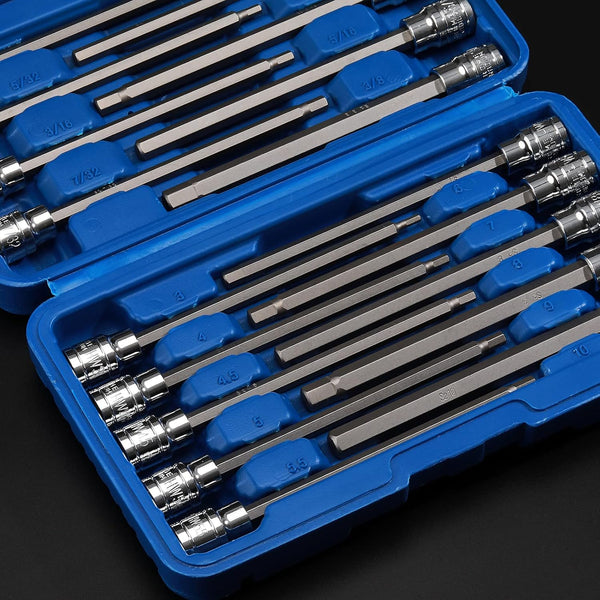 Mayouko 3/8" Drive Extra Long Allen Hex Bit Socket Set, S2&CR-V, Metreic&SAE, 18 Pieces, 1/8" - 3/8", 3-10 mm Hex(SAE&Metric)