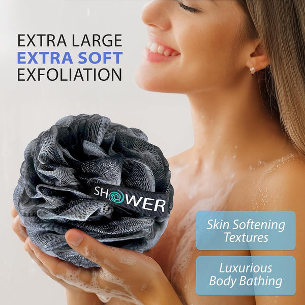 SHOWER BOUQUET Loofah-Charcoal Bath-Sponge-4-Pack Extra-Large 75g Soft Mesh | Black Luffa Loufa Loofa Puff Set / Exfoliating Body Scrubber Lufas