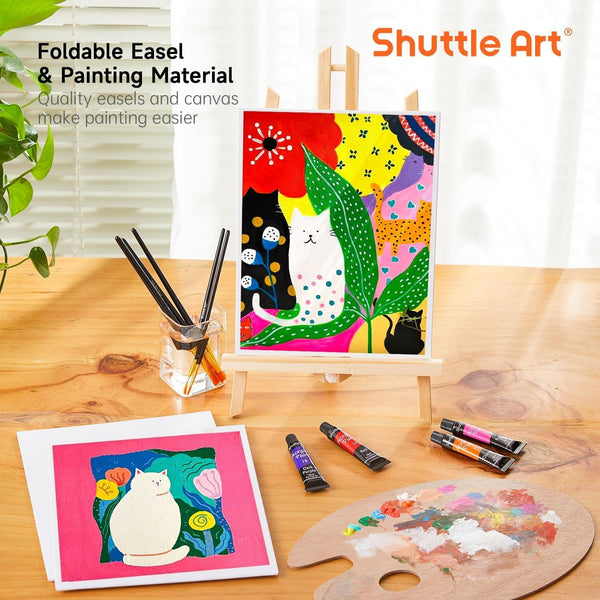 Shuttle Art 54 Pack Acrylic Paint Set, Acrylic Painting Set with 30 Colors Acrylic Paint, Wooden Easel, Painting Canvas, Paint Brushes, Palette,