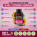 Vitamin B Complex for Men & Women - Made in USA - B-Complex: B1, B2, B3, B5, B6, B7, B8, B9, B12 with Vitamin C, Choline, Inositol - Energy, Brain