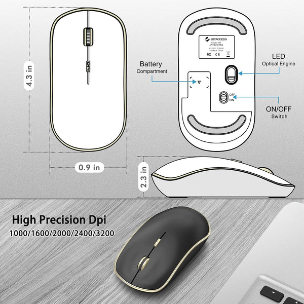 JOYACCESS Silent Wireless Mouse, Portable USB Mouse with 5 Adjustable DPI Levels for Desktop, Notebook, MacBook, Chromebook, PC (Black Gold)