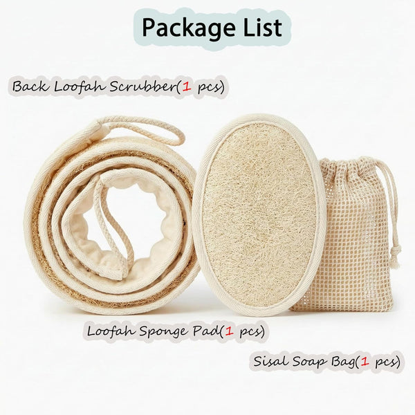 Natural Loofah Bath Set, Exfoliating Luffa Sponge Pads, Back Loofah Scrubber and Sisal Soap Bag. Bath Shower Loofah Sponges for Women and Men, for