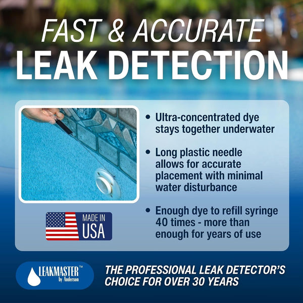 Leakmaster Pool Leak Detection Kit – 8 oz Blue Dye with Reusable Syringe – High-Visibility Leak Finder for Pools, Hot Tubs & Spas – 40+ Refills–