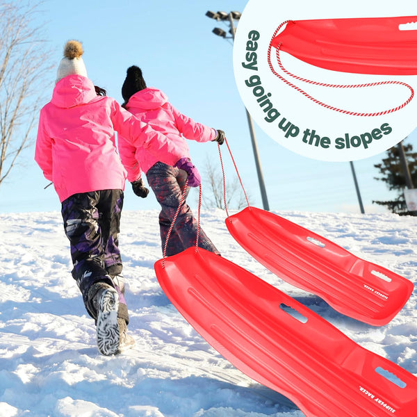 Slippery Racer Downhill Xtreme Flexible Adults and Kids Plastic Toboggan Snow Sled for up to 2 Riders with Pull Rope and Handles 2 PACK RED/GREEN