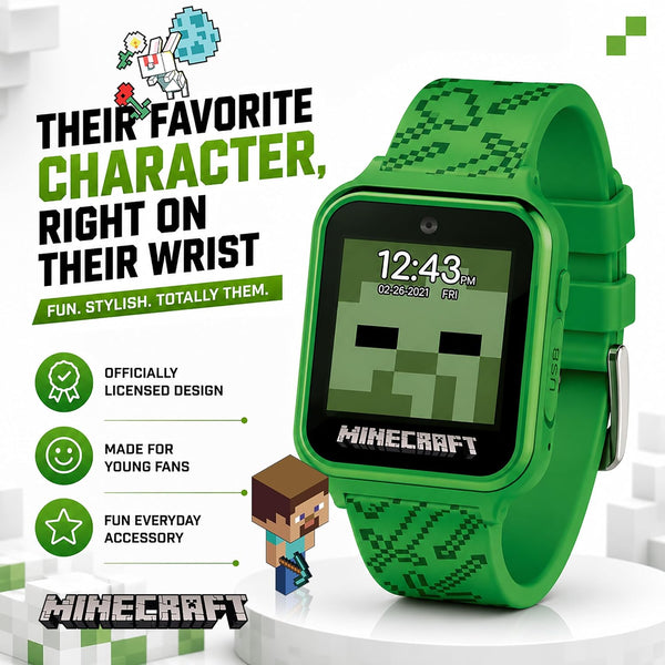 Minecraft Kids Smart Watch – Touchscreen Interactive Watch with 10 Customizable Clock Faces, Built-in Camera, Video Recorder, Alarm, Calculator,