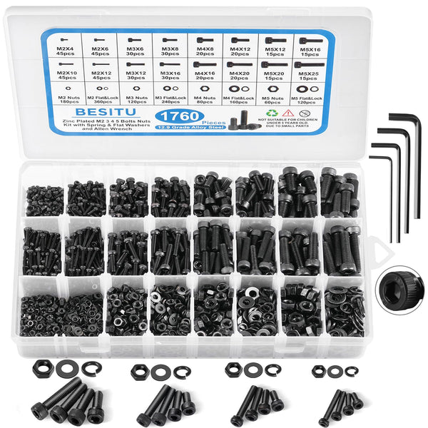 Besitu 1760pcs M2 M3 M4 M5 Metric Screw Assortment, Grade 12.9 Alloy Steel Hex Socket Head Cap Bolts and Nuts Kit, Black Zinc Plated and Anti Rust