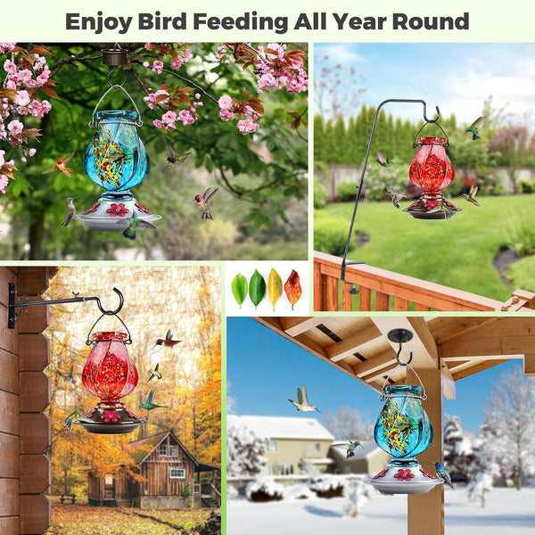 BOLITE Hummingbird Feeders for Outdoors Hanging, Hand Blown, Red, 22oz | Glass Hummingbird Feeder with Ant Moat, 5 Bee-Proof Ports, Leak-Proof,