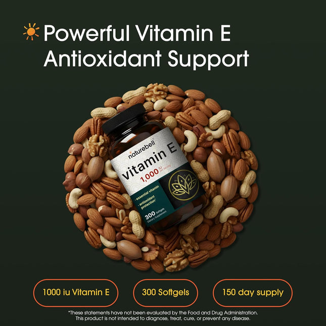 Naturebell Vitamin E Oil Softgels, 1,000 IU per Serving, 300 Pills | Essential A