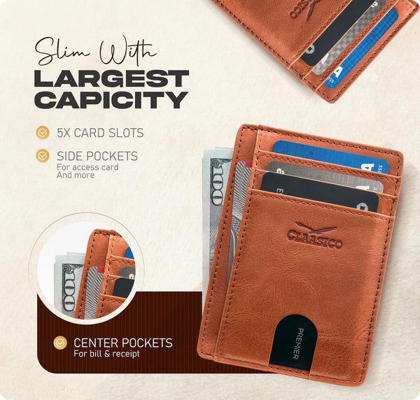 Claasico Front Pocket Small Minimalist Leather Wallet RFID Blocking Vintage Leather Credit Card Holder with Gift Box California Dessert