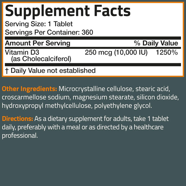 Bronson Vitamin D3 10,000Iu (250Mcg) 1 Year Supply for Healthy Muscle Function and Immune Support, Non-Gmo, 360 Tablets