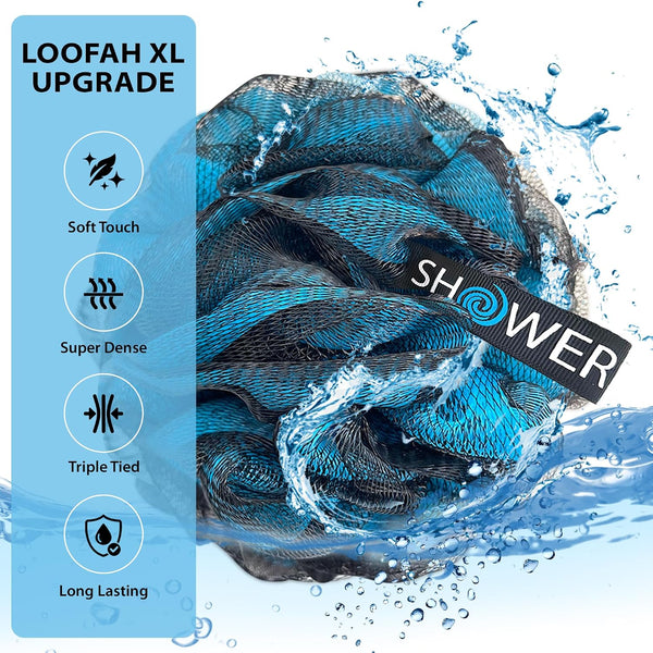 SHOWER BOUQUET Loofah-Charcoal Bath-Sponge XL-Color-4-Pack Extra-Large 75g Charcoal Blue, Green, Purple & Red