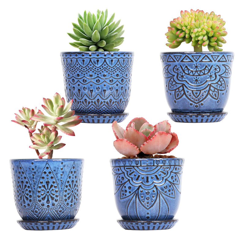 Gepege Succulent Pots, 4 Inch Small Indoor Ceramic Planter Pot with Drainage Holes and Saucers for Plants- Blue - Set of 4 4 Inch - Set of 4 Blue