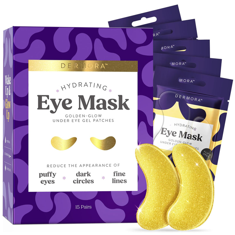 DERMORA Golden Glow under Eye Patches (15 Pairs Eye Gels) - Rejuvenating Treatment for Dark Circles, Puffy Eyes, Refreshing, Revitalizing, Travel,