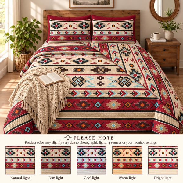 Rugs 4 Less Rustic Striped Southwestern Quilt Stitched Western Bedspread Bedding Set with Beige Brown Burgundy Turquoise Tribal Native American
