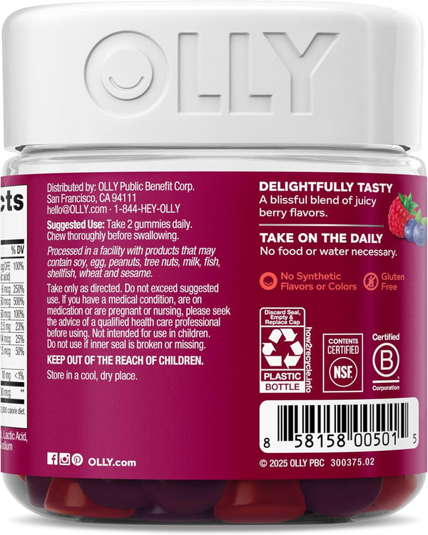 OLLY Women'S Multivitamin Gummy, Vitamins A, D, C, E, Biotin, Folic Acid, Adult Chewable Vitamin, Berry Flavor, 45 Day Supply - 90 Count