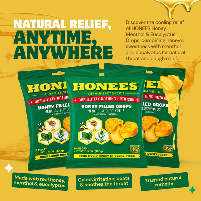 Honees Honey Menthol Cough Drops - 20-Piece, Single Pack Honey-Filled Lozenges | Temporary Relief from Cough | Soothes Sore Throat | All Natural