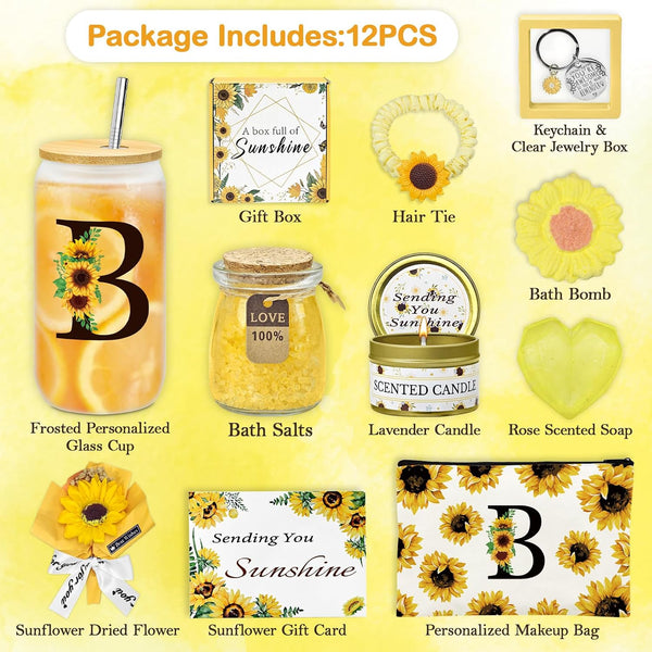 Sunflower Personalized Gifts for Women,12pcs Sunflower Initial Gifts,Initial Glass Cup,Monogrammed Gifts for Women,Birthday Gifts for