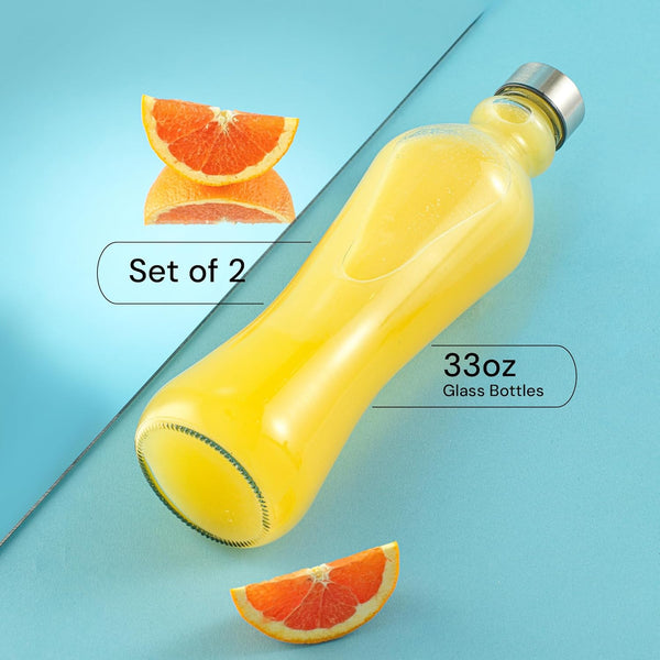 Joyjolt Glass Water Bottles - 2Pc Set, 32 Oz/1 Liter, Clear Glass with Stainless Steel Lids, Leakproof, Ideal for Juicing or Iced Tea