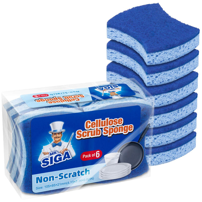 MR.SIGA Non-Scratch Cellulose Scrub Sponge, Dual-Sided Dishwashing Sponge for Ki