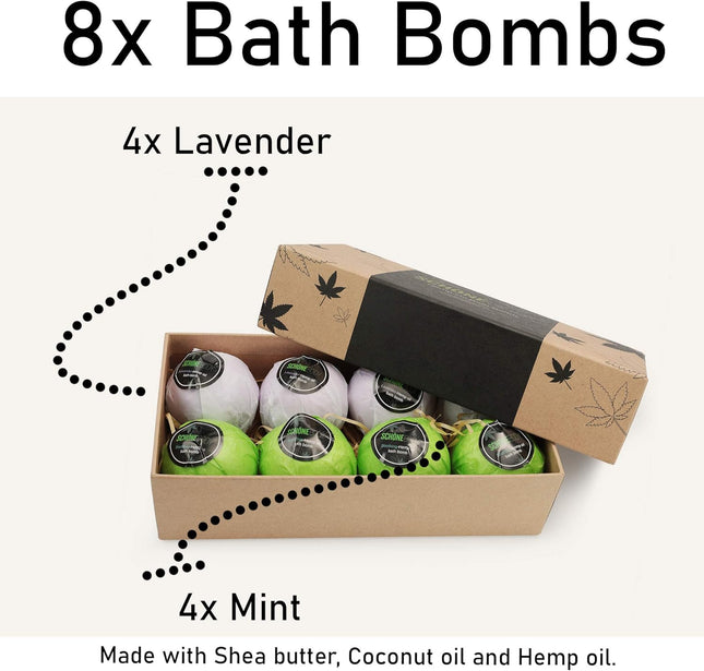 Hemp Bath Bombs, Large Set of 8. Mint, Lavender & Hemp Scents. Vegan, Muscle The
