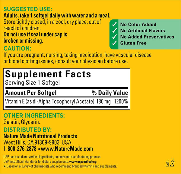 Nature Made Vitamin E 180 mg (400 IU) dl-Alpha, 300 Softgels 300 Count (Pack of 1)