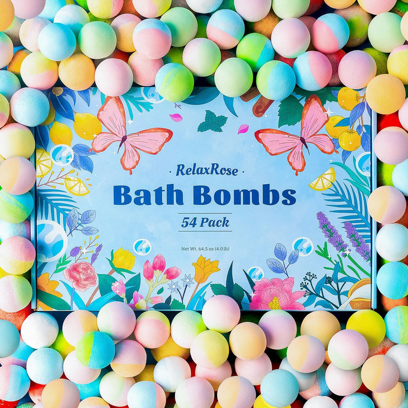54 Pack Handmade Bath Bombs â 11 Vibrant Colors & 9 Unique Scents, Long-Lasting Fizzy Bubbles & Colorful Magic, 7-Minute Dissolve for Relaxation,