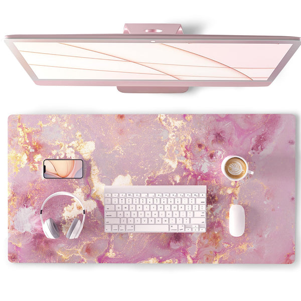 QiyI PU Leather Large Mouse Pad, Office Decor, 31.5" x 15.7", Rose Gold Pink Gold Marble 31.5" x 15.7"