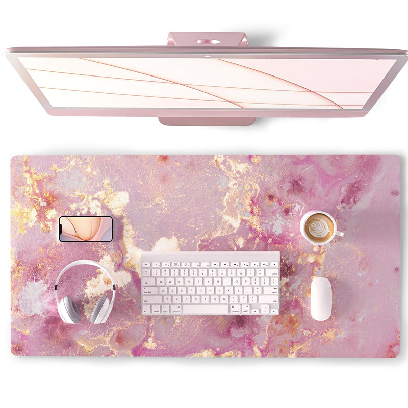 QiyI PU Leather Large Mouse Pad, Office Decor, 31.5" x 15.7", Rose Gold Pink Gold Marble 31.5" x 15.7"