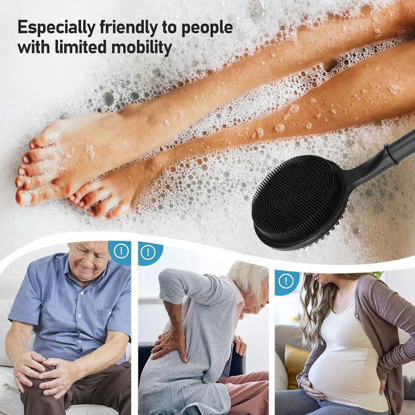 OZNER 24 Inches Silicone Back Scrubber for Shower - Extendable Long Handle Shower Brush with Dual-Sided Bristles - Exfoliating Body Scrubber for
