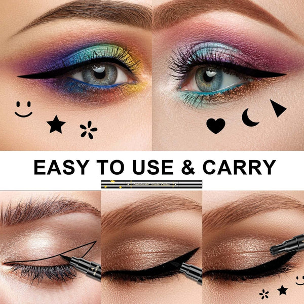 6 Pcs Double-Headed Eyeliner Stamps Set Black Liquid Eye Liner Pen with Star,Moon,Heart,Flower,Smiley,Triangle Stamp Stencils Shapes for Women