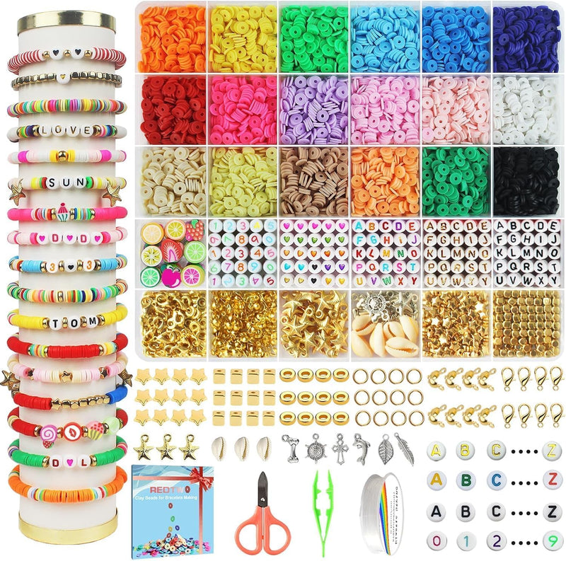 Redtwo 5100 Clay Beads Bracelet Making Kit, Flat Preppy Beads for Friendship Jewelry Making,Polymer Heishi Beads with Charms Gifts for Teen Girls