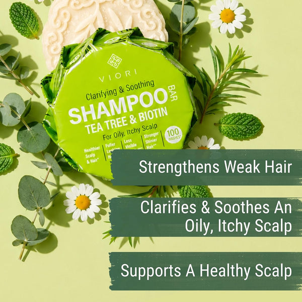 Viori Tea Tree Mint Shampoo Bar for Oily Scalp - Essential Oil, Rice Water Tea Tree & Mint 3.1 Ounce (Pack of 1)