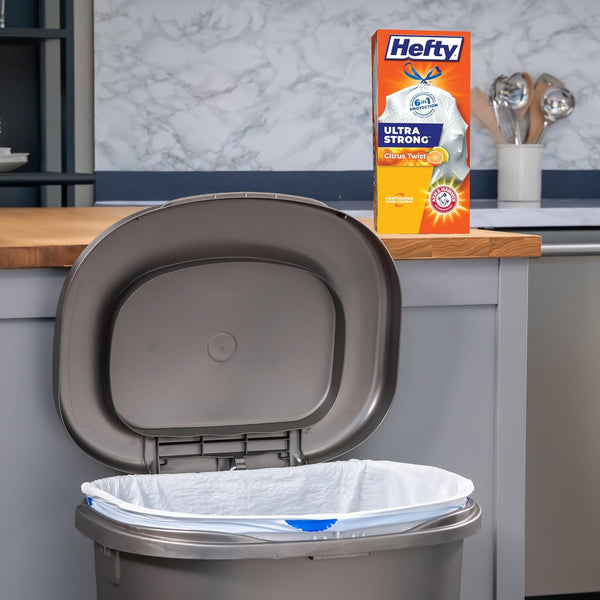 Hefty Ultra Strong 13 Gallon Trash Bags, Tall Kitchen Trash Bags 13 Gallon Size, Drawstring Closure, Continuous Odor Control, White, Citrus Twist