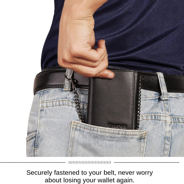 Mens Wallet with Chain, Genuine Leather Trifold Wallet RFID Blocking Anti-Theft 