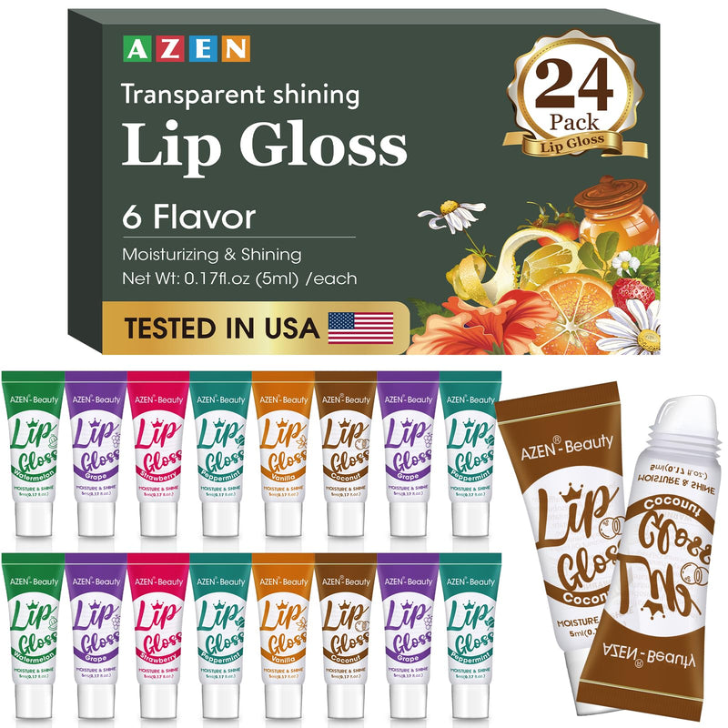 AZEN 24 Pack Lip Gloss Set, Clear Lip Gloss Bulk, Lip Oil for Dry Cracked Lips Moisturizing Hydrating Nourishing with Vitamin E, Valentines Gifts