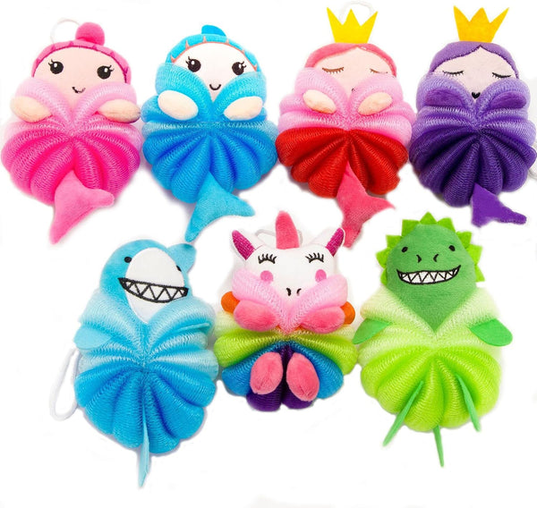 MURRI&MURRDI 4 Pcs Bath Loofah for Kids Bath Sponge, Lovely Animal Body Scrubber Kids Toddler Body Loofah Cute Cartoon Kids Bath Pouf Mesh Loofah