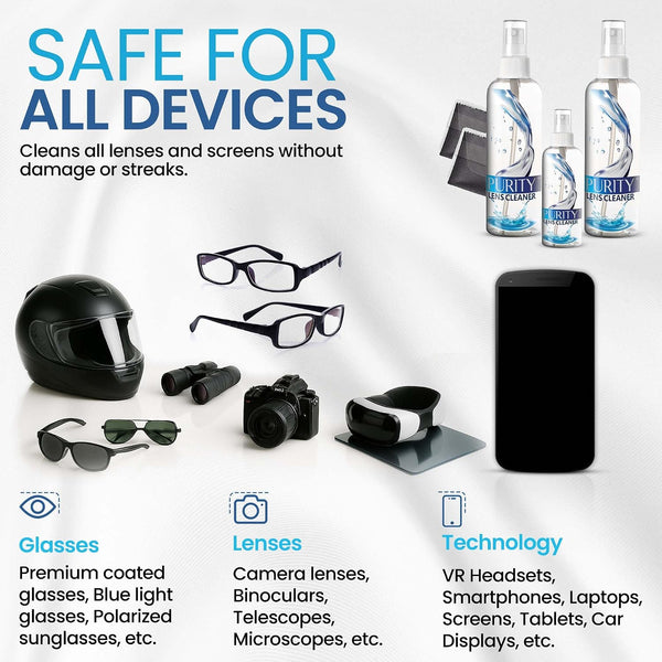Purity Eyeglass Lens Cleaner Kit - 2 x 8oz and 1 x 2oz Lens Cleaner Spray Bottle + 2 Microfiber Cleaning Cloths - Safe for All Lenses (AR Coated