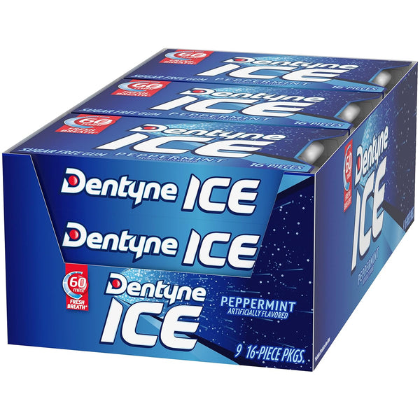 Dentyne Ice Peppermint Sugar Free Gum, 9 Packs of 16 Pieces (144 Pieces) | Chewing Gum, Perfect for Long Lasting Fresh Breath at School, Work &