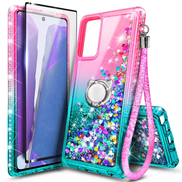 NZND Case for Samsung Galaxy A03S with Tempered Glass Screen Protector (Maximum Coverage), Ring Holder/Wrist Strap, Glitter Liquid Floating