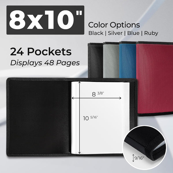 Dunwell Photo Album 8x10 (Black) with Black Mounting Paper, 8 x 10 Photo & Art Portfolio Presentation Book, 24 Clear Sleeves, Each Shows 48 Pages,