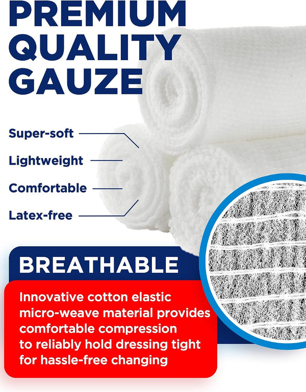 24 Gauze Rolls - 4" x 4.1yd - Soft and Breathable Rolled Gauze - Latex-Free Premium Individually Wrapped Bandages with Bonus Tape - First Aid