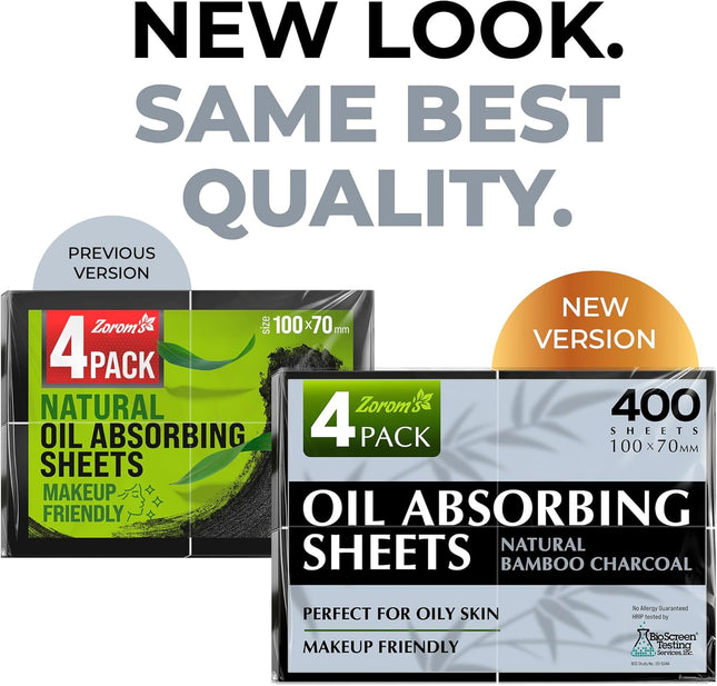 Natural Oil Blotting Sheets for Face with Bamboo Charcoal - 4Pk/400 Makeup Frien