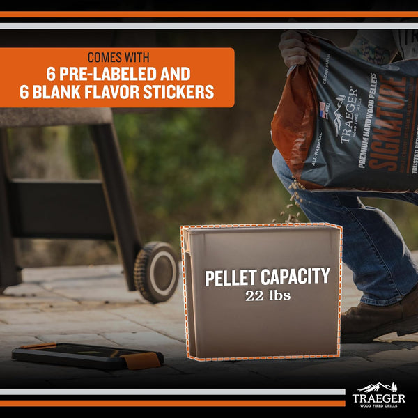 Traeger Grills BAC637 Stay Dry Pellet Storage Bin with Locking Lid, 22Lb Capacity Wood Pellet Container with Flavor Stickers, Stackable Design,
