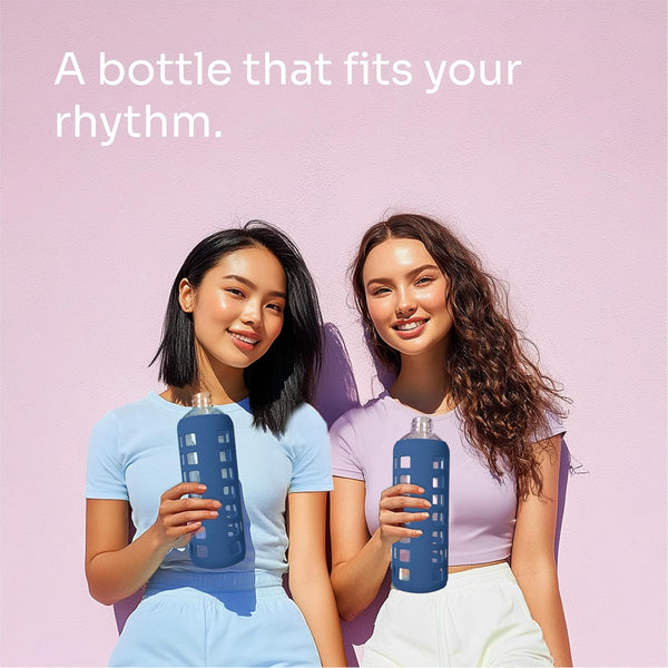 Purifyou Premium 40/32 / 22/12 Oz Glass Water Bottles with Times to Drink and Volume, Silicone Sleeve & Stainless Steel Lid Insert, Reusable for