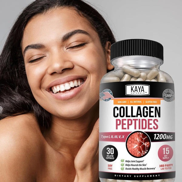 Kaya Naturals Multi Collagen Peptides Complex Powder for Women and Man, Vital for Hair, Skin, Nails, and Anti-Aging, Types I, II, III, V & X
