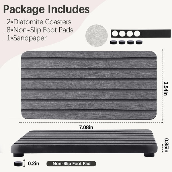 NiuYichee 2 PCS Water Absorbent diatomite Coasters, 7.1" x 3.5" Water Absorbing Stone Tray for Sink, Stone Drying mat for Kitchen Counter, Stone