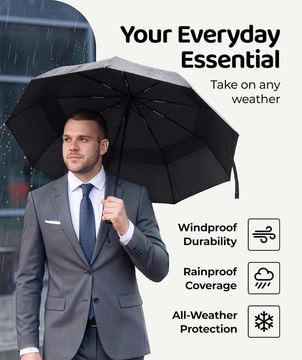 Windproof Travel Umbrella - Compact & Withstands Winds up to 100MPH, Strongest Premium Auto Folding Umbrella for Rain and Sun - Durable, Light &