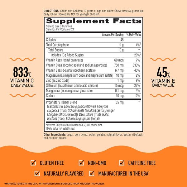 Airborne 750Mg Vitamin C Gummies for Adults, Immune Support Gummies with Powerful Antioxidants VIT C & E, Caffeine Free - 2X63Ct Bottle (42