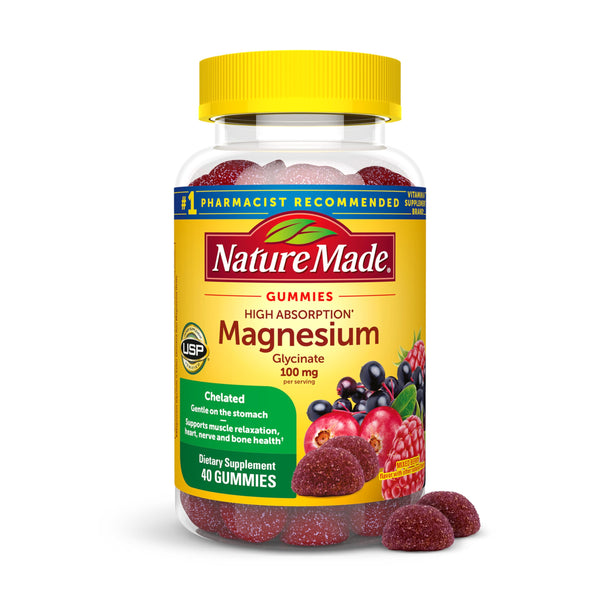 Nature Made High Absorption Magnesium Glycinate Gummies 100 Mg per Serving, Muscle, Nerve, Bone and Heart Support, Magnesium Supplement, 40