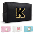 Personalized Small Preppy Makeup Bag, Chenille Letter Black Initial Cosmetic Zipper Pouch Toiletry Organizer, Waterproof PU Leather Make Up